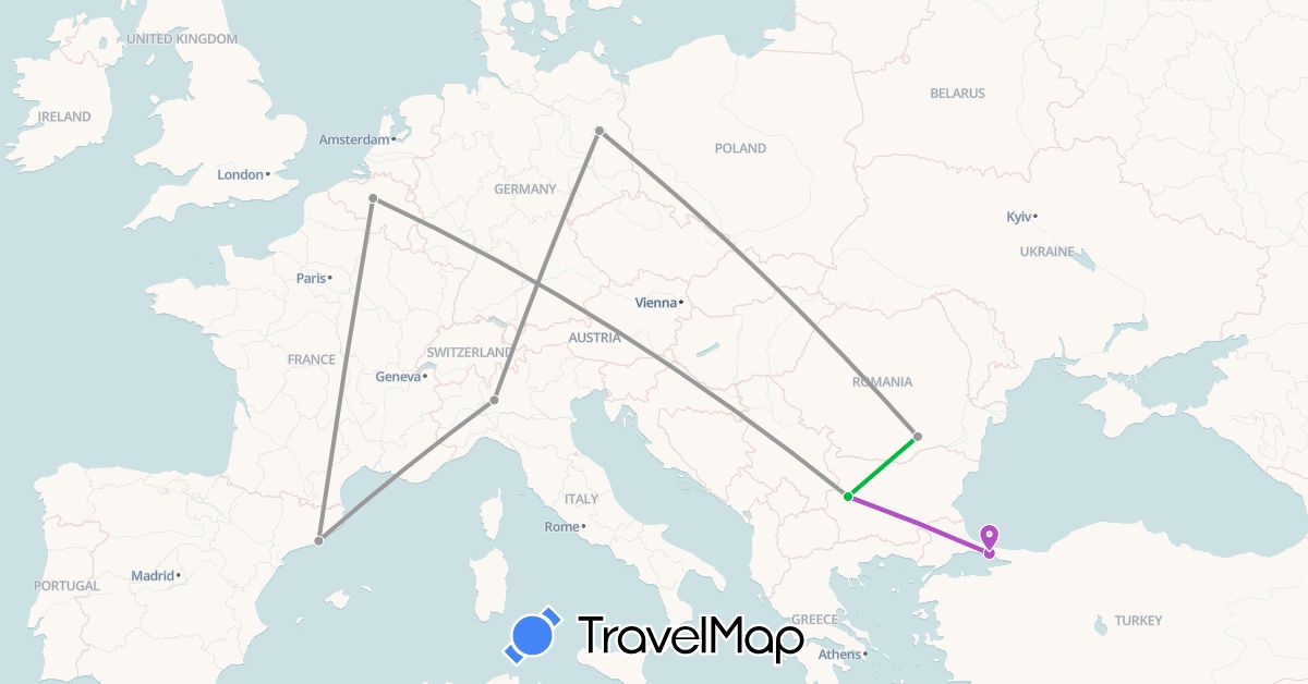 TravelMap itinerary: driving, bus, plane, train in Belgium, Bulgaria, Germany, Spain, Italy, Romania, Turkey (Asia, Europe)